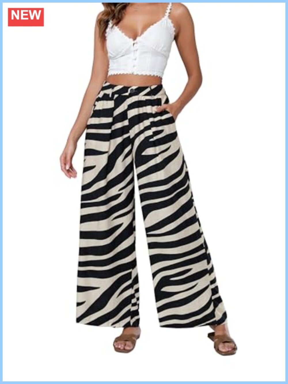 Wide Leg Twill Palazzo Pants High Rise Zipper Button with Pockets Office Work